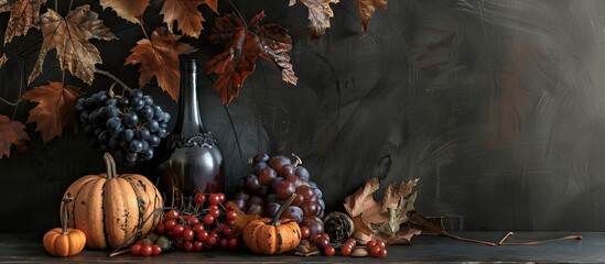 Sticker - Autumn-themed setup with pumpkins, dark hues, and fall elements like leaves and fruits, perfect for a copy space image.