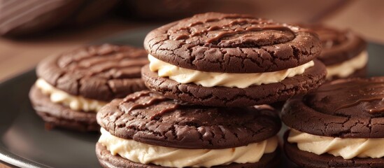 Poster - A detailed shot of chocolate cookies filled with cream against a background suitable for adding text or other elements. copy space available