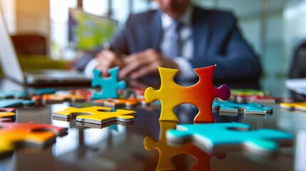 Wall Mural - A business man analyzing KPI metrics on a chart in a meeting room, with a jigsaw puzzle symbolizing teamwork and problem-solving in the background