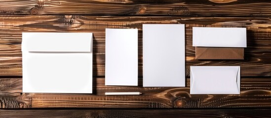 Poster - Wooden background with blank stationery set, serving as a corporate identity template, in a responsive design mockup with copy space image.