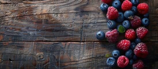 Poster - Top-down view of raspberries and blueberries on a rustic wooden backdrop, perfect for text placement in a copy space image.