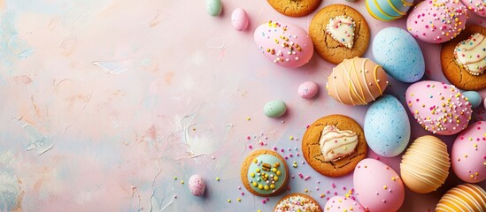 Wall Mural - Easter-themed holiday preparation with multi-colored eggs and cookies on a pastel background, representing the holiday concept with a spacious image area. copy space available