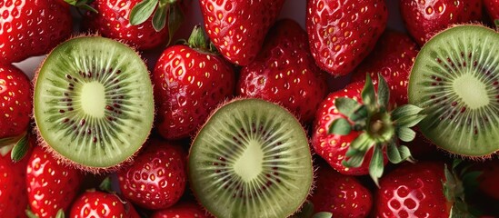 Poster - Copy space image featuring vibrant red strawberries and kiwi.