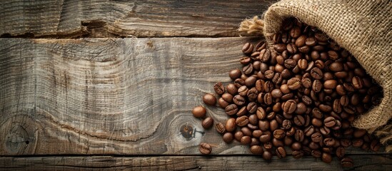 Poster - Coffee beans in a burlap bag on a rustic wooden surface with a blank area for text or images in the backdrop. copy space available