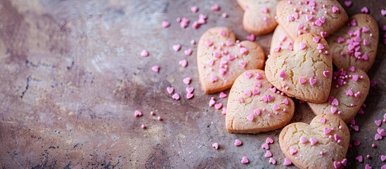 Poster - Heart-shaped cookies for Valentine's Day featuring pink sprinkles in a delightful copy space image.