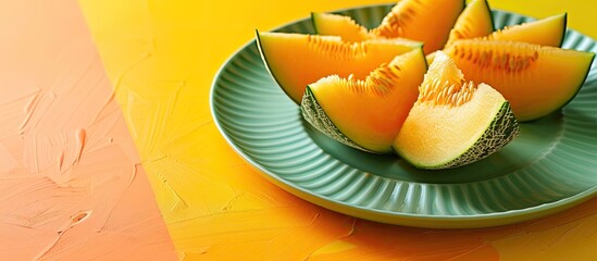 Wall Mural - Melon slices with copy space image on yellow, skin melon on a green plate, rowan berries on a colorful background - images of vegetarian and healthy lifestyle with a touch of Pop Art.