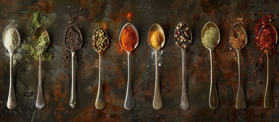 Poster - Various spices on spoons set against a vintage backdrop, with ample copy space provided for your text in the image. Top-down perspective.