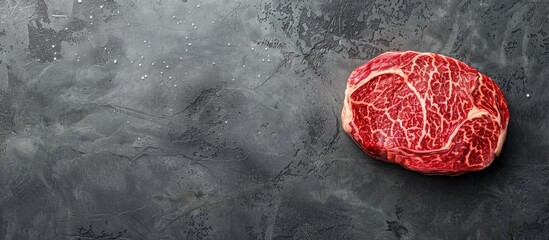 Poster - Top view of Japanese wagyu rib eye steak on a gray background, with a spacious copy space image.