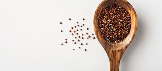 Poster - Wooden spoon with quinoa seeds on a white backdrop, perfect for copy space image.