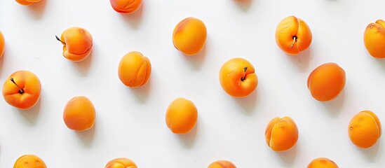 Poster - Top view of apricot fruits on white backdrop with available copy space image for text, arranged in a flat lay pattern.