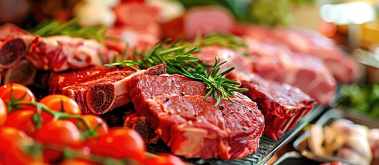 Poster - Fresh cuts of meat, like ribs, fillets, tenderloin, and steaks, displayed at a local farmers market, with a clear background for a copy space image.