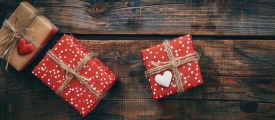 Aufkleber - Valentine's Day concept displayed in a top-down photo of two gift boxes with white hearts on a wooden surface, creating a charming copy space image.