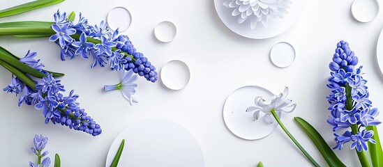 Poster - Fresh hyacinth and paper circles create a chic design on a white backdrop, embodying a minimalistic natural theme with a unique copy space image from a bird's eye view.