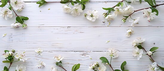 Aufkleber - Lovely flowers blooming on a white wooden backdrop with copy space image.