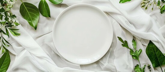 Poster - Top view flat lay with a copy space image featuring an empty plate, cloth, and space for your meal template or mockup.