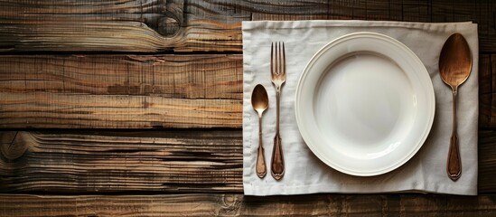 Poster - Top view of a wooden table set with an empty plate, fork, spoon, and tablecloth, creating a food display montage with a background as a template, allowing for text on the free copy space image.