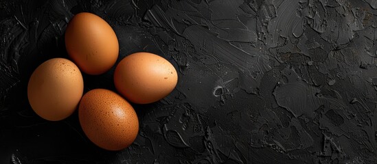 Aufkleber - Top view of fresh brown eggs on a dark background with hard shadows, creating a minimalistic and natural home product aesthetic, with empty space for additional elements in the image.