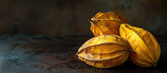 Poster - Kedondong fruit (Spondias dulcis) displayed against a dark backdrop with copy space image.