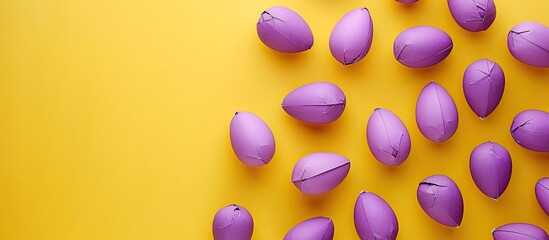 Aufkleber - Easter and spring-themed purple paper eggs on a yellow surface viewed from above with space for text or an image. copy space available