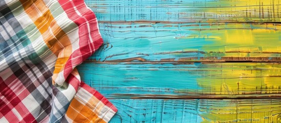 Poster - Checkered tablecloth set on a colorful wooden table background in a top-down view, with copy space image.