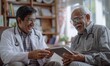 © Onchira - Happy geriatric young doctor and senior Indian patient man discussing modern technology, healthcare, using digital tablet together, looking at display in practitioner office, laughing
