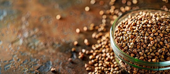 Aufkleber - Close-up of brown roasted buckwheat with raw green buckwheat in the background, serving as a concept for healthy food and diet, with copy space image available.