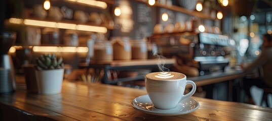 Poster - The captivating ambiance of a cafe with an image showcasing a perfectly brewed cup of coffee