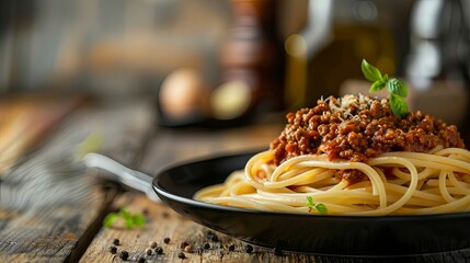 Wall Mural - Traditional pasta spaghetti bolognese in black plate on empty wooden table background, close up