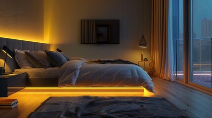 Wall Mural - Transform your bedroom into a contemporary entertainment hub with a smart TV and LED strips installed