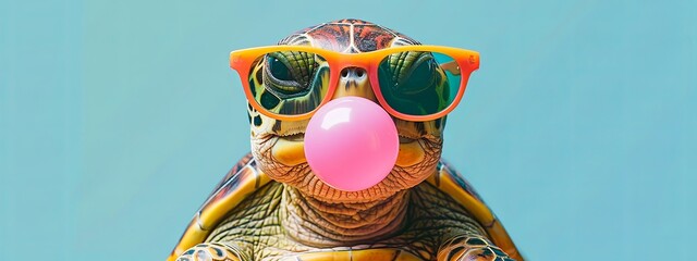 Wall Mural - Trendy Turtle with Sunglasses Blowing Bubble Gum - Fun and Whimsical Animal Portrait for Print, Card, Poster