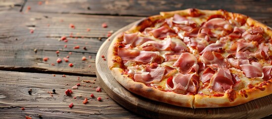 Poster - Delicious pizza topped with ham and bacon on a rustic wooden table with a copy space image.