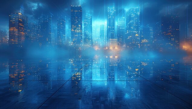 Futuristic Cityscape with Blue Glow and Reflections