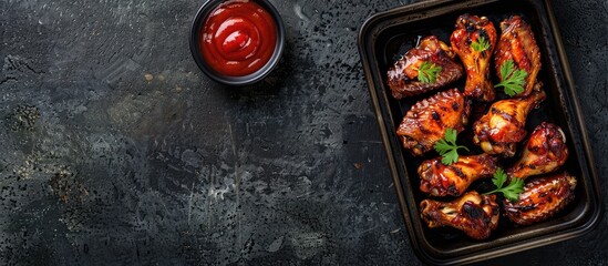 Poster - A top view of delicious grilled chicken wings in Mexican or Chinese style, served on a black metal tray with ketchup, featuring copy space for images.