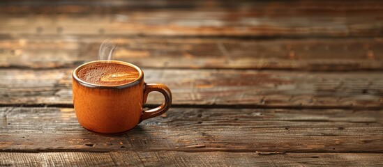 Aufkleber - Begin the day with a steaming espresso in a small ceramic cup atop a wooden table with room for text or images in the background, ideal for showcasing products. copy space available