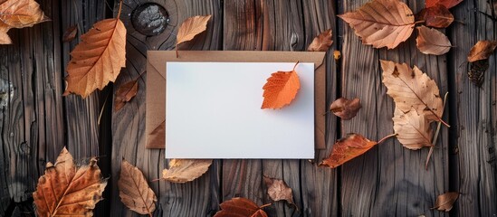 Poster - Top view of a greeting card mockup set against a wooden background adorned with autumn leaves, offering ample copy space image.