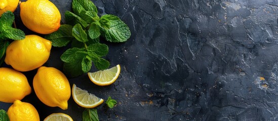 Aufkleber - Top view of vibrant lemons and mint leaves on a dark stone backdrop, with room for text or images. copy space available