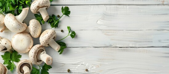 Poster - Flat lay composition with a variety of mushrooms, parsley, on a white wooden surface. The setup provides room for text in the copy space image.