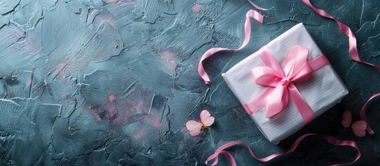 Leinwandbilder - Copy space image with a pink gift on a gray background, perfect for occasions like birthdays and Mother's Day, emphasizing the essence of the celebration with a focused view.