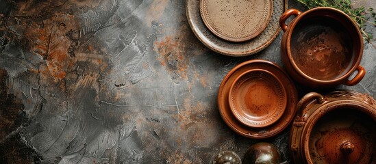 Poster - Top view of rustic clay dishes like pot, plates, and gravy boat on a stone table with ample copy space image.