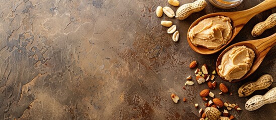 Poster - Breakfast setting showcases a wooden spoon with peanut butter paste, a shelled peanut, and peanuts on a cutting board background with copy space image. Peanut butter provides healthy fats.