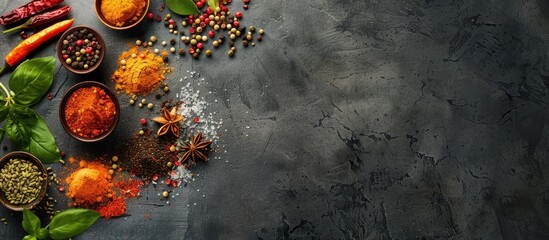 Poster - Flat lay of various spices displayed on a dark concrete background with ample copy space image.