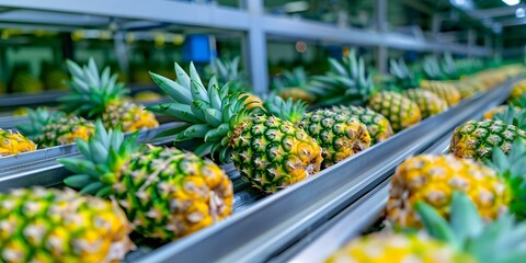 Wall Mural - Robotic line efficiently sorts and packages fresh pineapples in industrial food plant. Concept Automated Packaging, Pineapple Sorting, Industrial Food Plant, Efficient Production, Robotics Technology