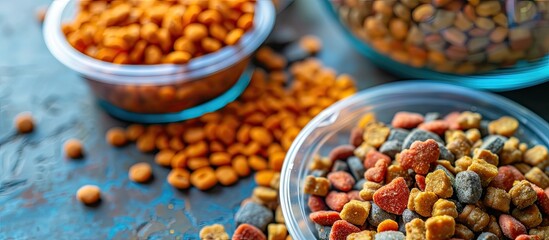 A plastic bowl filled with dry pet food is displayed with dry cat and dog food in the background in a copy space image.