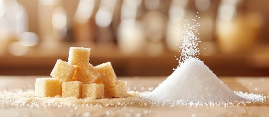 Two piles of sugar - granulated and cubes, with copy space image.