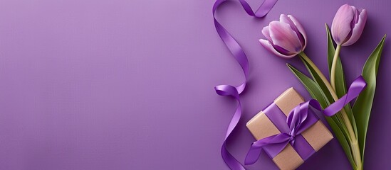 Poster - Easter-themed background with a lovely purple tulip, a gift box, and ample copy space on a purple paper backdrop.