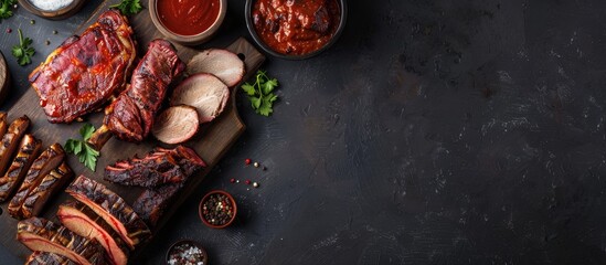 Aufkleber - Barbecue meat selection displayed on a dark backdrop, portraying a homemade food theme. Overhead view with copy space image.