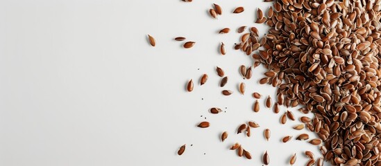 Poster - Clean flax seeds scattered on white, with copy space image on the left, promoting a vegetarian and healthy diet.