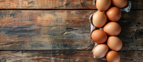 Poster - A bird's-eye view of chicken eggs placed on a rustic wooden kitchen table with ample copy space image.
