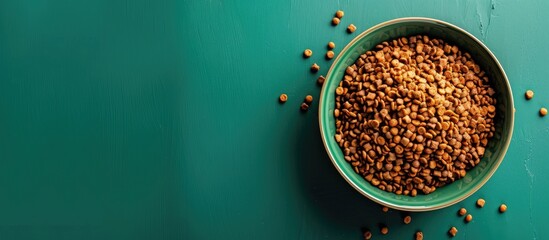 Poster - Studio shot of a pet bowl with dry food on a green background, perfect for a copy space image.