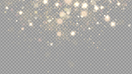 Wall Mural - Golden dust light png. Christmas glowing bokeh confetti and sparkle overlay texture for your design. Stock royalty free vector illustration. PNG	